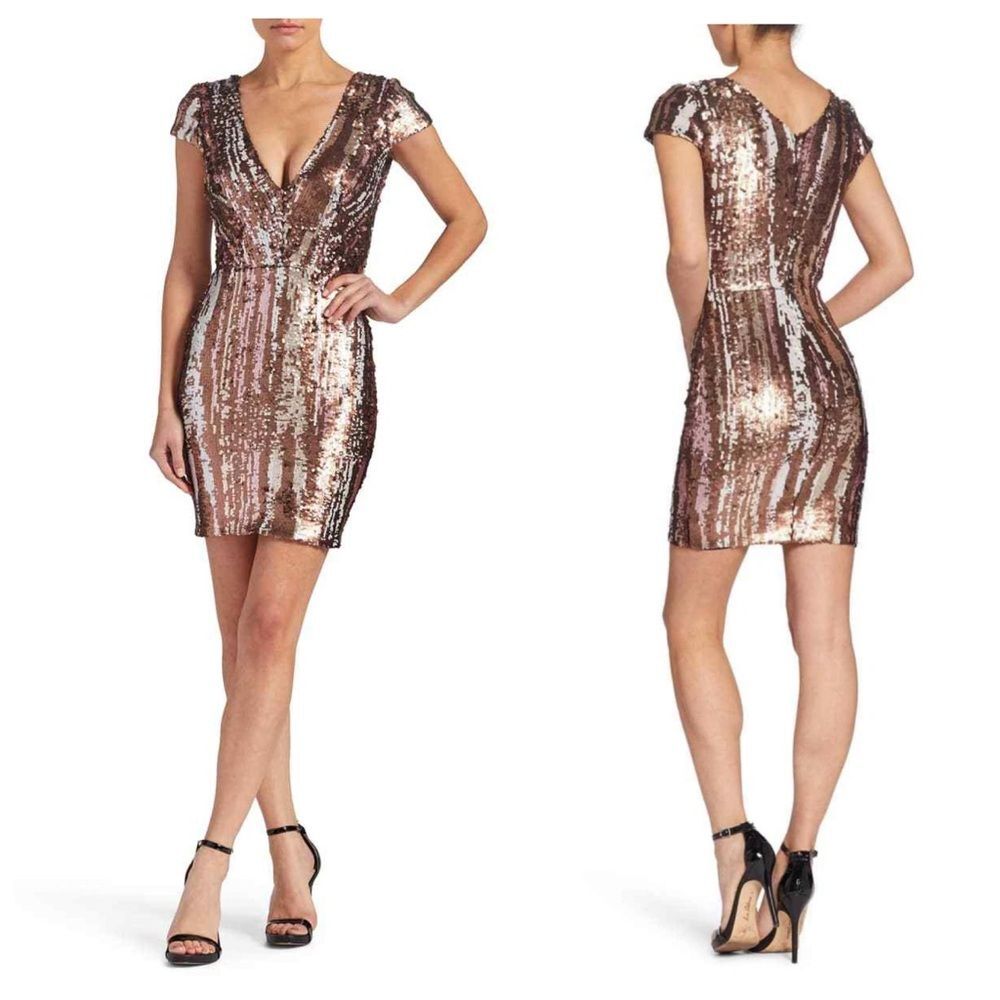 Dress the Population Zoe Sequin Mini Dress Cap Sleeve Matte Bronze Multi S